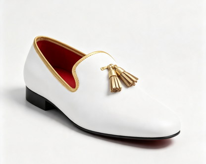 ArtisanWalk White Tassel Loafers — Gold Trim & Red Sole Luxury Shoes