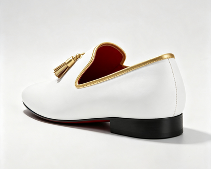 ArtisanWalk White Tassel Loafers — Gold Trim & Red Sole Luxury Shoes