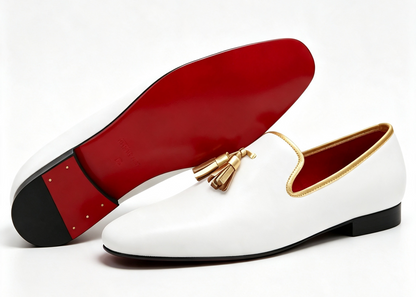 ArtisanWalk White Tassel Loafers — Gold Trim & Red Sole Luxury Shoes