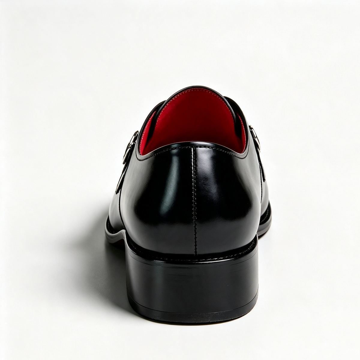 A black leather double-breasted oxford shoe shown from a rear three-quarter view, featuring a contrasting bright red interior lining, set against a plain white background.