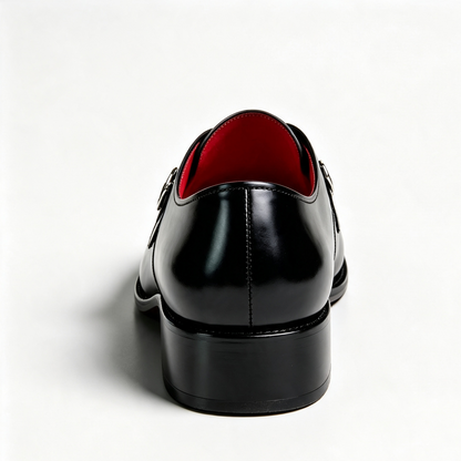A black leather double-breasted oxford shoe shown from a rear three-quarter view, featuring a contrasting bright red interior lining, set against a plain white background.