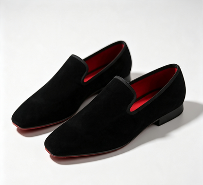 ArtisanWalk Black Velvet Loafers — Red Sole Luxury Slip-On Dress Shoes
