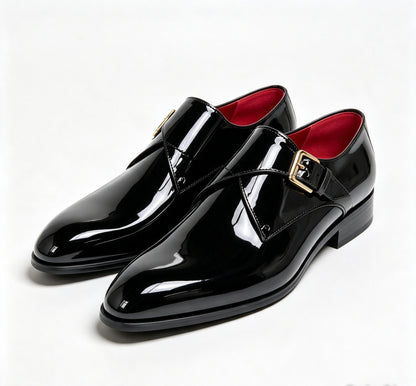 ArtisanWalk Black Patent Double Monk-Strap Shoes — Red Insole & Gold Buckles