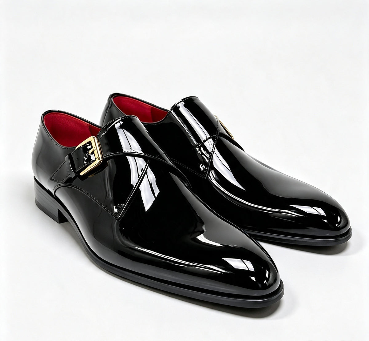 ArtisanWalk Black Patent Double Monk-Strap Shoes — Red Insole & Gold Buckles