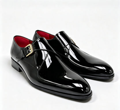 ArtisanWalk Black Patent Double Monk-Strap Shoes — Red Insole & Gold Buckles