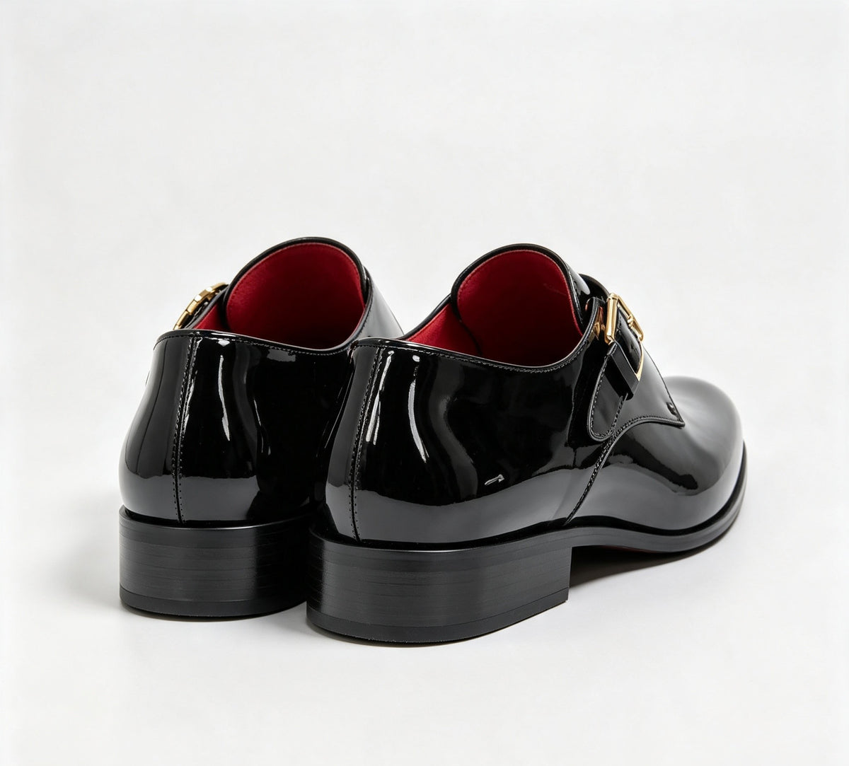ArtisanWalk Black Patent Double Monk-Strap Shoes — Red Insole & Gold Buckles