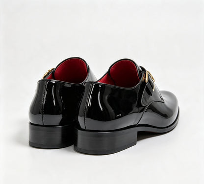 ArtisanWalk Black Patent Double Monk-Strap Shoes — Red Insole & Gold Buckles