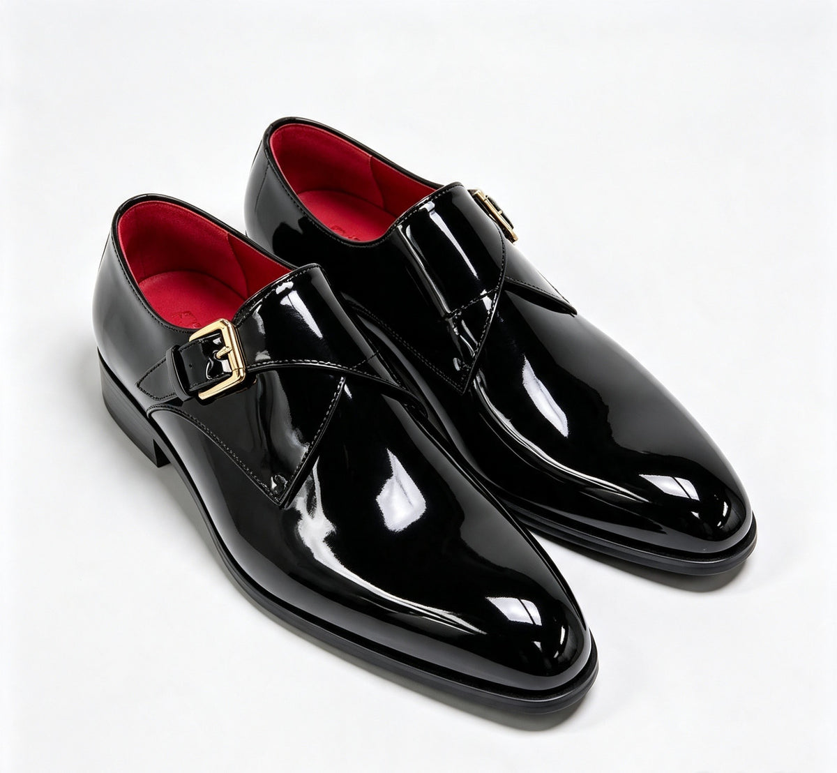 ArtisanWalk Black Patent Double Monk-Strap Shoes — Red Insole & Gold Buckles