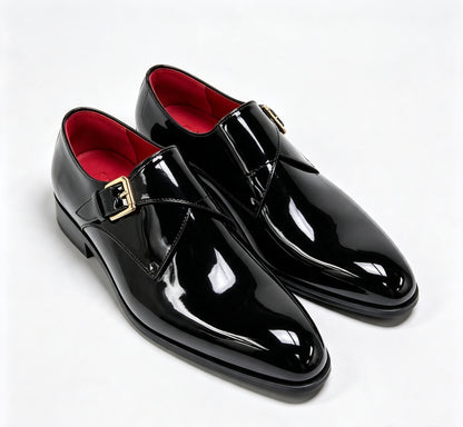 ArtisanWalk Black Patent Double Monk-Strap Shoes — Red Insole & Gold Buckles
