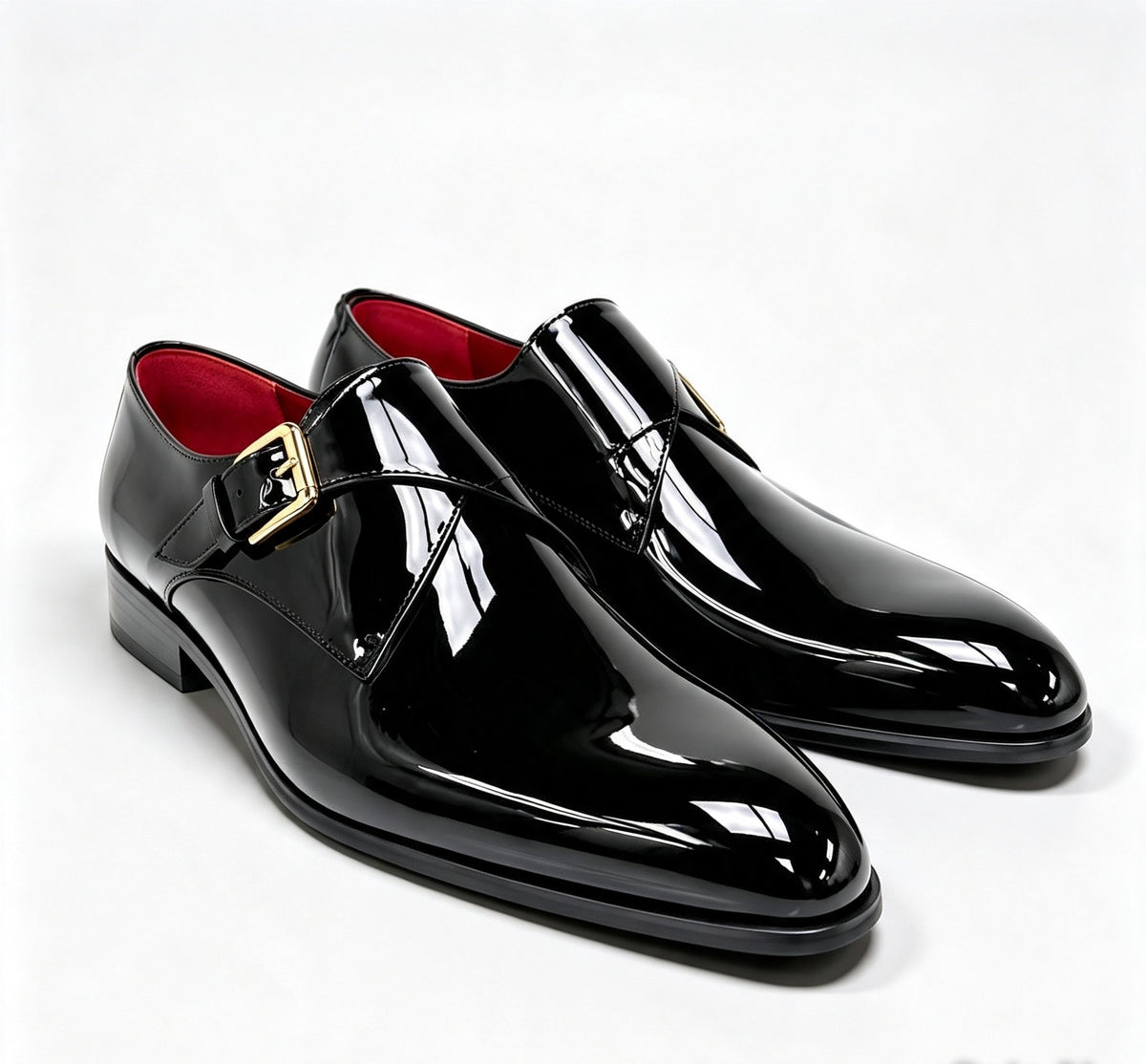 ArtisanWalk Black Patent Double Monk-Strap Shoes — Red Insole & Gold Buckles