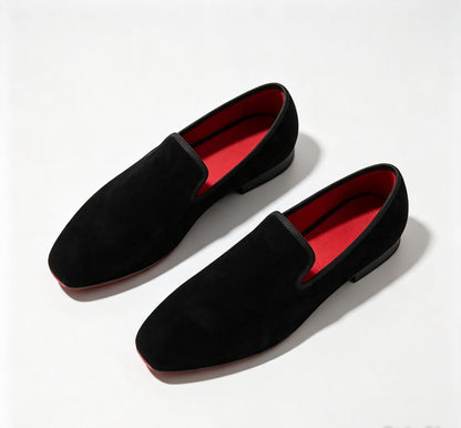 ArtisanWalk Black Velvet Loafers — Red Sole Luxury Slip-On Dress Shoes