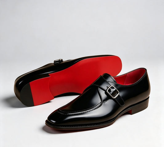ArtisanWalk Black Single Monk-Strap Shoes — Red Sole Silver Buckle