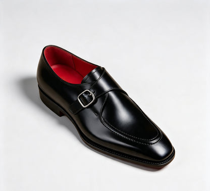 ArtisanWalk Black Single Monk-Strap Shoes — Red Sole Silver Buckle