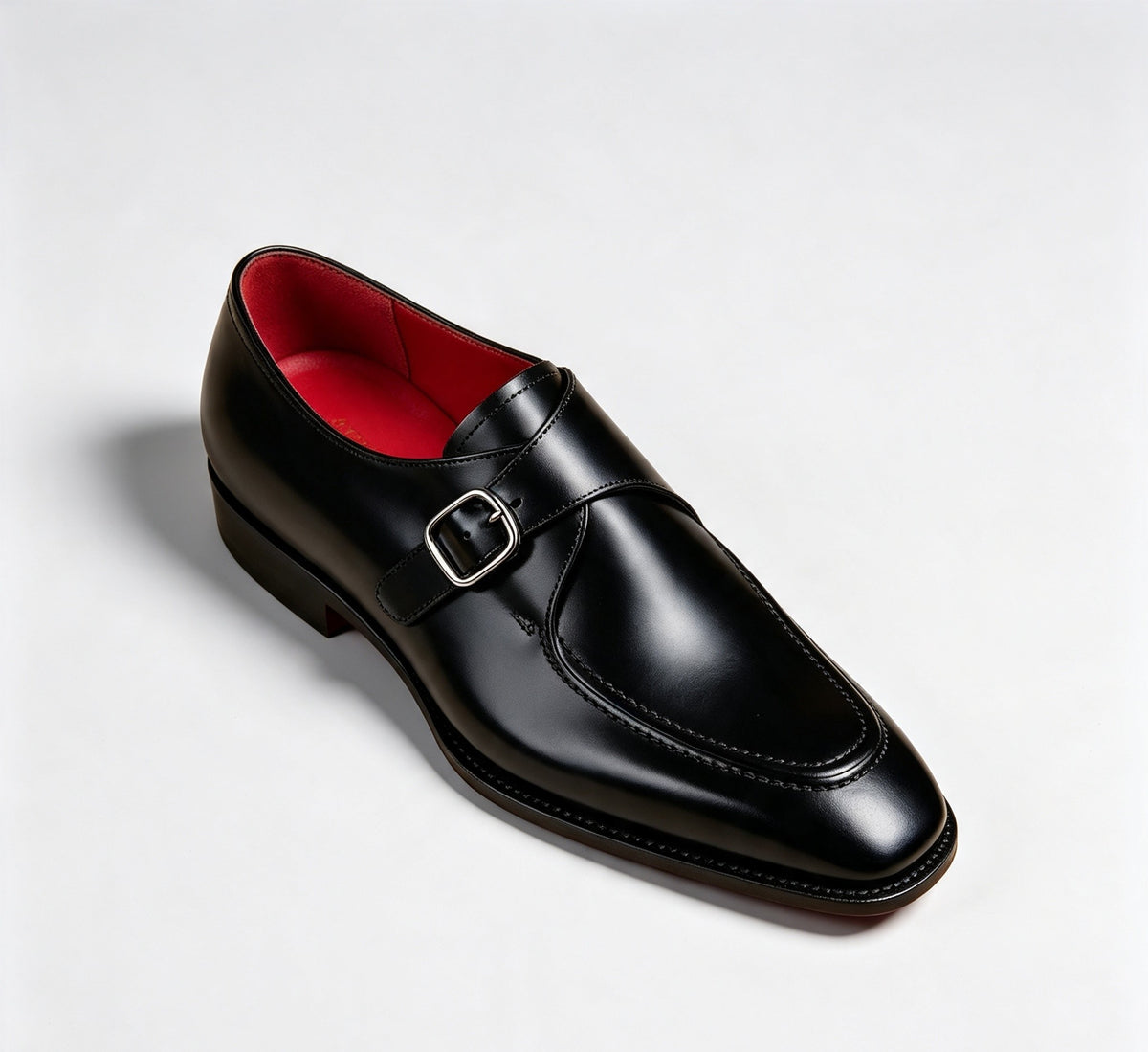 ArtisanWalk Black Single Monk-Strap Shoes — Red Sole Silver Buckle