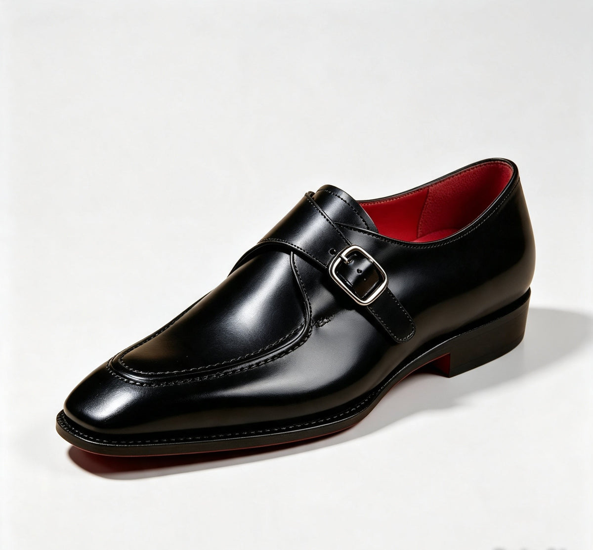 ArtisanWalk Black Single Monk-Strap Shoes — Red Sole Silver Buckle
