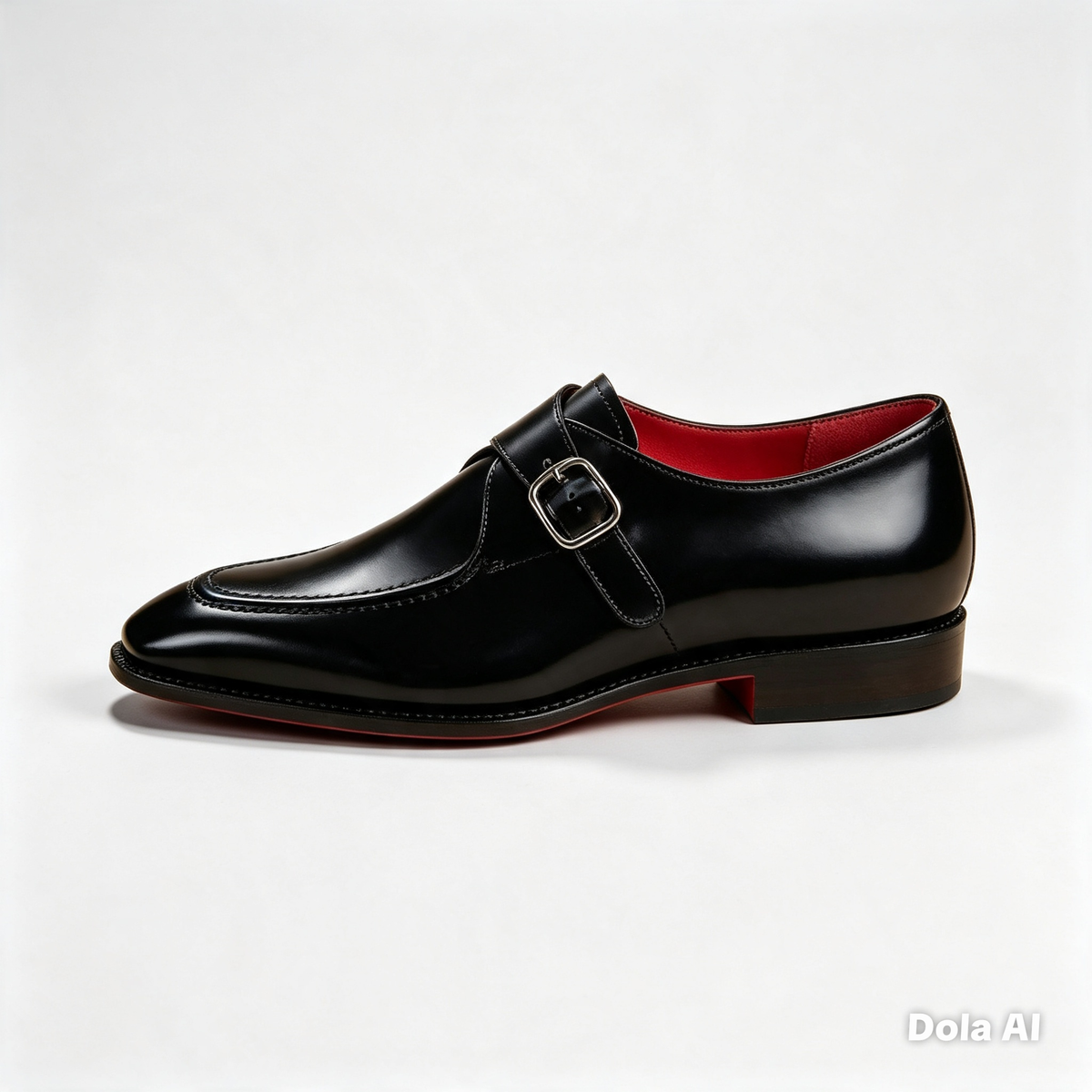 ArtisanWalk Black Single Monk-Strap Shoes — Red Sole Silver Buckle