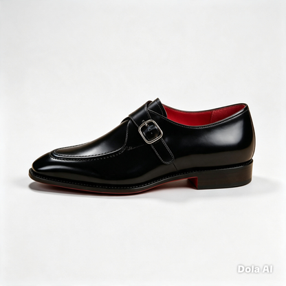 ArtisanWalk Black Single Monk-Strap Shoes — Red Sole Silver Buckle