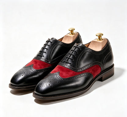 ArtisanWalk Black & Red Wingtip Oxford Shoes — Leather & Suede Brogue Dress Shoes