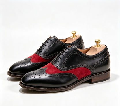 ArtisanWalk Black & Red Wingtip Oxford Shoes — Leather & Suede Brogue Dress Shoes
