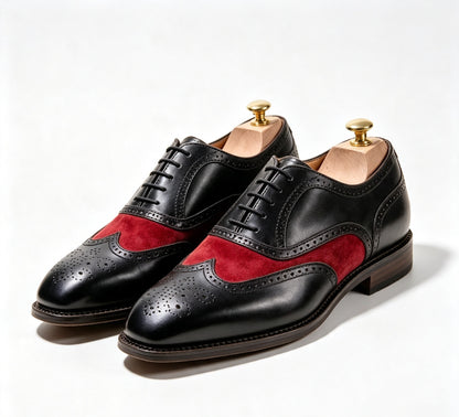 ArtisanWalk Black & Red Wingtip Oxford Shoes — Leather & Suede Brogue Dress Shoes