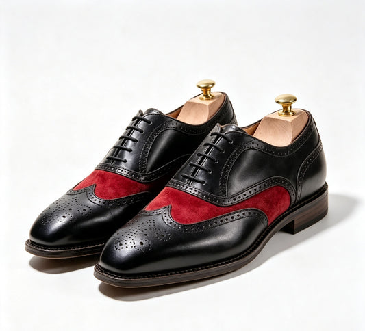 ArtisanWalk Black & Red Wingtip Oxford Shoes — Leather & Suede Brogue Dress Shoes