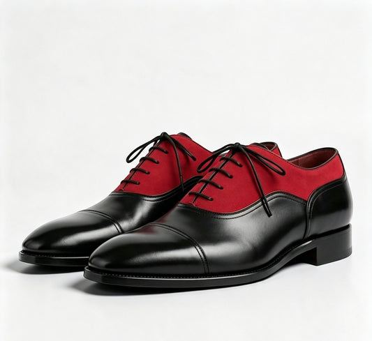 ArtisanWalk Black & Red Two-Tone Cap-Toe Oxford Shoes — Luxury Dress Shoes