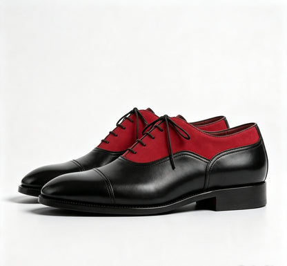ArtisanWalk Black & Red Two-Tone Cap-Toe Oxford Shoes — Luxury Dress Shoes