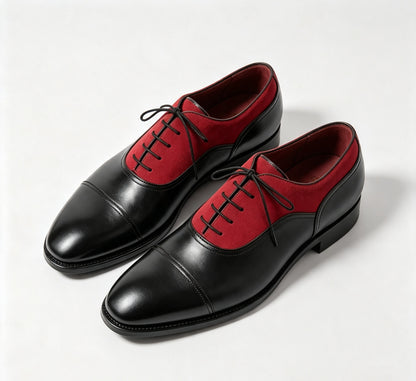 ArtisanWalk Black & Red Two-Tone Cap-Toe Oxford Shoes — Luxury Dress Shoes